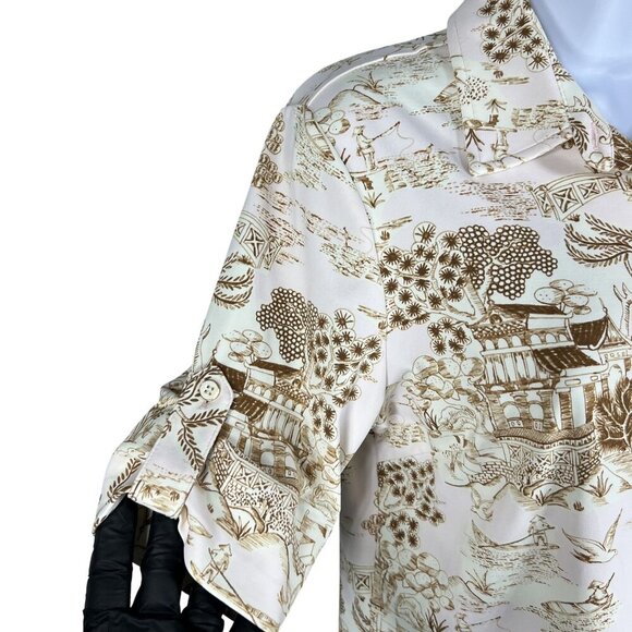 J.McLaughlin Womens M Beige Brown Toile Print Button Up Blouse Catalina Cloth Ar - Picture 4 of 14